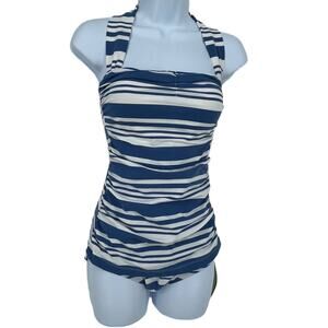 Swimsuit Traditional Gathered Stripped One Piece in Blue and White Size Med
